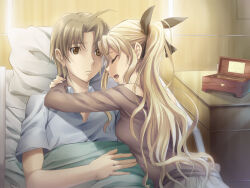  1boy 1girl arms_around_neck artist_request bed black_ribbon blanket blonde_hair brown_eyes brown_hair brown_shirt casual closed_eyes closed_mouth eyelashes game_cg hair_ribbon hospital_bed hospital_gown indoors katawa_shoujo long_hair long_sleeves nakai_hisao non-web_source official_alternate_costume official_art open_mouth pillow ponytail ribbon satou_lilly shirt short_hair short_sleeves teeth under_covers upper_teeth_only 