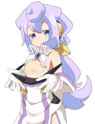  1boy artist_request bandaid bandaid_on_nipples blue_eyes blue_hair blush gloves hacka_doll hacka_doll_3 highres long_hair male_focus simple_background solo trap white_background 