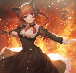 1girl adapted_costume animal_ears black_dress bow braid cat_ears chromatic_aberration clenched_hand closed_mouth commentary_request dress female_focus fiery_background fire green_bow hair_bow head_tilt kaenbyou_rin long_hair long_sleeves looking_at_viewer motsuba outstretched_arm red_eyes red_hair smile solo touhou twin_braids rating:Sensitive score:4 user:danbooru