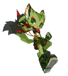  1girl 2020 animal_ears boots breasts carol_tea cat cat_ears cat_girl cat_tail chinese_clothes chinese_knot crop_top elbow_gloves fingerless_gloves flat_chest freedom_planet freedom_planet_2 furry furry_female gloves green_eyes green_fur krita_(medium) lowres medium_breasts non-web_source pixel_art red_scarf scarf shorts slit_pupils standing standing_on_one_leg tail transparent_background tsurime tyson_tan 