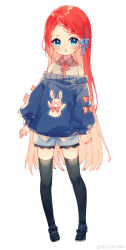  1girl :o absurdres animal_print bare_shoulders black_bow black_shoes black_thighhighs blonde_hair blue_bow blue_eyes blue_shorts blue_sweater bow braid check_copyright chinese_commentary collared_shirt colored_inner_hair commentary_request copyright_request dot_nose dotted_line eyelashes footwear_bow frilled_shorts frills full_body grey_shirt hair_bow highres light_blush long_hair long_sleeves mary_janes multicolored_hair neck_ribbon off-shoulder_sweater off_shoulder open_mouth original pink_bow pink_ribbon puffy_long_sleeves puffy_sleeves rabbit_print red_hair ribbon shirt shoes shorts simple_background single_braid sleeve_bow sleeveless sleeveless_shirt solo standing sweater tachi-e thighhighs very_long_hair wangshan_er_shifucun watermark weibo_watermark white_background 
