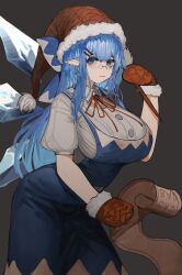  1girl blue_bow blue_dress blue_eyes blue_hair bow breasts cirno cirno-nee colored_eyelashes dress fairy fairy_wings glasses gloves hair_bow hat highres holding ice ice_wings large_breasts long_hair looking_at_viewer pointy_ears red_gloves red_hat red_ribbon ribbon santa_hat simple_background solo tomatolover16 touhou wings 