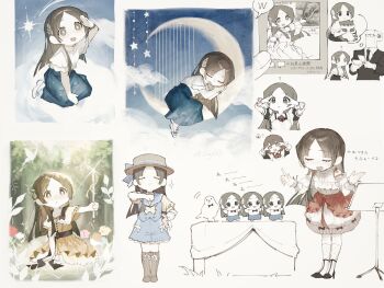  1boy :d ? absurdres bird black_jacket boots brown_boots brown_hair brown_hat chibi closed_eyes cloud commentary_request conductor crescent_moon forest gakuen_idolmaster glasses hanami_ume happy hat highres holding idolmaster jacket kuramoto_china moon multiple_girls multiple_views nature open_mouth p-head_producer producer_(idolmaster) sajililli shooting_star sleeping smile 