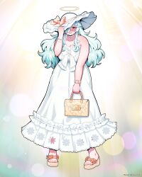  1girl absurdres artist_request bag bare_arms bare_shoulders blush bow bracelet breasts brown_bag brown_sandals choker cleavage clenched_hand commentary_request copyright_notice curvy doubliel dress dress_bow english_text frilled_dress frills full_body furrowed_brow hair_over_one_eye halo hand_up hat hat_bow highres holding holding_bag jewelry large_breasts legs_apart long_dress long_hair looking_at_viewer mahjong_fight_girl official_art orange_bow parted_lips pearl_bracelet red_eyes ring sample_watermark sandals second-party_source sleeveless sleeveless_dress solo standing straight-on sweat teeth thick_arms upper_teeth_only v-shaped_eyebrows watch watermark wavy_hair white_bow white_choker white_dress white_hair white_hat wide_hips wristwatch yellow_halo 