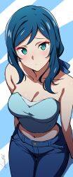 1girl absurdres aqua_eyes bare_shoulders batta_16-sei blue_background blue_hair blue_pants blue_ribbon blue_shirt blush breasts cleavage closed_mouth collarbone commentary cowboy_shot crop_top denim from_above frown gundam gundam_build_fighters hair_ribbon highres iori_rinko jeans looking_at_viewer mature_female medium_breasts medium_hair midriff navel pants ribbon shirt signature simple_background solo strapless strapless_shirt thigh_gap two-tone_background white_background rating:General score:56 user:danbooru