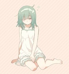  1girl absurdres barefoot bow_hairband dress green_hair hairband half-closed_eye highres manimani_(mani_ma) monogatari_(series) one_eye_closed orange_eyes sengoku_nadeko sengoku_nadeko_(sundress) short_hair sitting solo squeans straight_hair striped_background sundress white_dress yokozuwari 