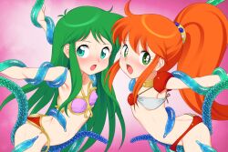  2girls armor armpits arms_up ass ayanokouji_rem between_thighs bikini bikini_armor bikini_pull breasts butt_crack buttjob buttjob_under_clothes caron_(rall) choker clothes_pull commentary_request commission commissioner_upload crossover dream_hunter_rem face-to-face fugetsu_taku green_eyes green_hair grinding leaning_forward long_hair multiple_girls open_mouth orange_hair outstretched_arms pink_bikini ponytail rape red_bikini restrained sf_choujigen_densetsu_rall shoulder_armor skeb_commission small_breasts swimsuit tentacles tentacles_under_clothes trait_connection very_long_hair 