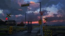  2boys banakotakemaru black_pants cloud cloudy_sky evening field from_behind hill horizon male_focus mountainous_horizon multiple_boys original outdoors pants power_lines railroad_crossing railroad_tracks road road_sign scenery short_hair sign sky standing sunset twilight utility_pole wide_shot 