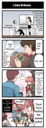 !? 2boys 2girls 4koma alternate_language angry artist_request blood blush bow bowtie brown_hair brown_skirt chair closed_eyes comic cover cowboy_shot desk english_text hairband hard-translated highres human_(totomono) ken_to_mahou_to_gakuen_mono knife letter motion_lines multiple_boys multiple_girls necktie official_art open_mouth outdoors plant pleated_skirt red_bow red_bowtie school_desk school_uniform serafuku sharp_teeth sitting skirt slashing standing sweatdrop teeth third-party_edit translated tree video_game_cover video_game_cover_(object) window rating:Sensitive score:1 user:danbooru