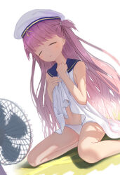  1girl :&gt; =_= absurdres bare_legs bare_shoulders blue_sailor_collar blurry closed_eyes closed_mouth clothes_lift commentary_request depth_of_field dress dress_lift dutch_angle electric_fan foot_out_of_frame hair_between_eyes hands_up hat highres hot katou_umi lifting_own_clothes long_hair motion_lines navel panties pink_hair sailor_collar sailor_dress sailor_hat simple_background sitting sleeveless sleeveless_dress smile smug solo straight_hair summer_pockets sweat traum two_side_up underwear v-shaped_eyebrows very_long_hair white_background white_dress white_hat white_panties yokozuwari 