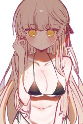  1girl :| alternate_costume bare_shoulders bikini black_ribbon blunt_bangs blush breasts brown_hair cleavage closed_mouth collarbone commentary cowboy_shot eshiko hair_ribbon halterneck hand_up highres large_breasts long_hair looking_at_viewer navel rewrite ribbon senri_akane side-tie_bikini_bottom sidelocks simple_background sketch solo straight-on swimsuit very_long_hair white_background yellow_eyes 