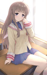  1girl ahoge blue_eyes blue_skirt brown_hair brown_jacket chair clannad commentary desk english_commentary glazearty highres hikarizaka_private_high_school_uniform indoors jacket light_blush light_smile long_hair long_sleeves looking_at_viewer miyazawa_yukine on_desk sailor_collar school_chair school_desk school_uniform sidelocks sitting skirt solo turtleneck white_sailor_collar window 