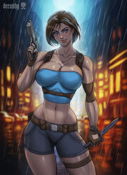 1girl breasts combat_knife derushy desert_eagle finger_on_trigger gun handgun highres jill_valentine knife large_breasts lowleg lowleg_shorts rain resident_evil resident_evil_3:_nemesis serrated_knife short_shorts shorts strapless tube_top weapon 