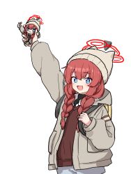 &gt;:3 1girl :d backpack bag black_pantyhose black_undershirt blue_archive blue_eyes hair_between_eyes halo hat highres hood hooded_jacket jacket long_hair long_sidelocks long_sleeves looking_at_viewer maki_(blue_archive) maki_(camp)_(blue_archive) official_alternate_costume official_alternate_hairstyle open_clothes open_jacket open_mouth pantyhose red_hair red_halo red_sweater red_sweater_vest shirt shorts sidelocks simple_background smile solo sweater sweater_vest twintails uranium10 white_background white_shirt