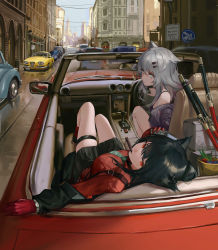 2girls absurdres animal_ears arknights black_hair black_skirt box breasts building car cellphone cigar city convertible day flip_phone gloves grey_hair hair_ornament hairclip highres holding holding_phone lappland_(arknights) long_hair medium_breasts motor_vehicle mouth_hold multiple_girls outdoors phone red_car red_gloves red_shirt road sawkm scar scar_across_eye scar_on_face seat shirt sign skirt smoke steering_wheel texas_(arknights) texas_(willpower)_(arknights) thigh_strap weapon wolf_ears wolf_girl rating:Sensitive score:42 user:danbooru