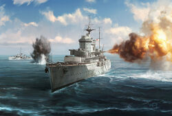  anchor blue_sky cannon cloud cloudy_sky darren_tan day explosive firing hms_warspite horizon mast military_vehicle no_humans ocean original scenery ship ship_turret shroud_(sailing) sky tower union_jack vehicle_request watercraft waving world_war_ii 