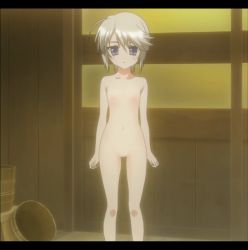  1girl ezomori_nozomu flat_chest highres kanokon loli media_factory nipples no_pussy nude short_hair silver_hair  rating:Questionable score:47 user:Ryomi_Oni