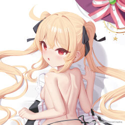  1girl back backboob bare_back blonde_hair breasts from_behind hair_between_eyes hat highres little_witch_nobeta long_hair looking_at_viewer looking_back nobeta nobeta_(witch_skin) official_art on_bed red_eyes small_breasts solo topless_female twintails unworn_hat unworn_headwear very_long_hair witch_hat 
