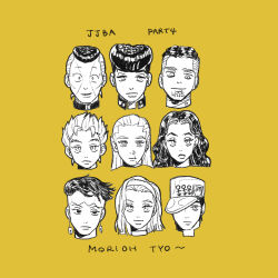  2girls 6+boys copyright_name diamond_wa_kudakenai earrings face_piercing facial_mark fungami_yuya greyscale_with_colored_background hat hazekura_mikitaka head_only higashikata_josuke highres hirose_koichi jewelry jojo_no_kimyou_na_bouken kishibe_rohan kuujou_joutarou linked_piercing long_hair medium_hair multiple_boys multiple_girls nijimura_okuyasu nose_piercing nose_ring piercing place_name pompadour portrait short_hair sugimoto_reimi t_0nd yamagishi_yukako 