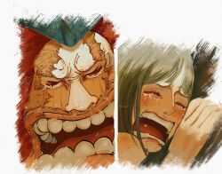  1boy 1girl absurdres black_hair blush border closed_eyes colorized commentary crying hat highres hug ifihasr5 jaguar_d._saul nico_robin oda_eiichirou one_piece open_mouth orange_hair round_teeth scar scar_on_face tears teeth white_border 