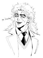  1boy closed_eyes cropped_torso donlemefo english_text greyscale happy highres jacket jojo_no_kimyou_na_bouken long_hair male_focus monochrome necktie open_mouth phantom_blood robert_e._o._speedwagon scar scar_on_face solo sweater_vest teeth thick_eyebrows 