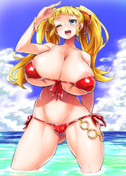  1girl akiba&#039;s_trip akiba&#039;s_trip_the_animation areola_slip arisa_ahokainen bare_shoulders beach bikini blonde_hair blue_eyes blush bracelet breasts cameltoe cleavage doriruneko highres jewelry large_breasts long_hair one_eye_closed open_mouth red_bikini ribbon solo swimsuit twintails 