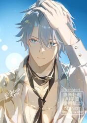  1boy antenna_hair black_necktie blue_eyes collared_shirt commentary_request hand_on_own_head highres honkai:_star_rail honkai_(series) ikenotori male_focus neck_tattoo necktie official_alternate_costume parted_bangs partially_unbuttoned pectoral_cleavage pectorals phainon_(anan)_(honkai:_star_rail) phainon_(honkai:_star_rail) see-through_clothes see-through_shirt shirt short_hair solo tattoo twitter_username upper_body watermark wet wet_clothes wet_hair wet_shirt white_hair white_shirt 