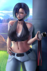  1girl absurdres bare_shoulders belt black_belt blue_hair bob_cut breasts brown_eyes camera crop_top day denim grass grey_shirt highres holding holding_camera jeans loose_hair_strand medium_breasts midriff multicolored_hair navel nintendo pants perrin_(pokemon) pokemon pokemon_sv ribbed_shirt shirt short_hair sleeveless sleeveless_shirt smile solo tree two-tone_hair undershirt v-neck yoellim5  rating:General score:27 user:Popote