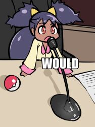  1girl against_table black_hair dark-skinned_female dark_skin english_text iris_(pokemon) long_hair long_sleeves meme microphone nintendo open_mouth paper poke_ball pokemon pokemon_bw red_eyes shirt sirachi solo very_long_hair would_(meme) yellow_shirt  rating:General score:22 user:danbooru