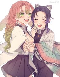  2girls absurdres belt belt_buckle black_hair black_skirt breasts buckle butterfly_hair_ornament cleavage closed_eyes commentary_request fingernails gradient_hair green_eyes green_hair hair_ornament haori highres holding_hands japanese_clothes kanroji_mitsuri kimetsu_no_yaiba kochou_shinobu kuze_0131 large_breasts long_hair looking_at_viewer mole mole_under_eye multicolored_hair multiple_girls pink_hair pink_nails pleated_skirt purple_hair short_hair skirt teeth twitter_username two-tone_hair white_background white_belt 