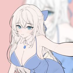  1girl :t absurdres armpits bare_arms bare_shoulders blue_eyes blue_shirt blue_skirt bow breasts brooch cleavage closed_mouth commission detached_collar erikon_(eruge) hair_bow half_updo highres jewelry large_breasts leaning_forward long_hair looking_at_viewer original outstretched_arm pochigo pout shirt skirt sleeveless sleeveless_shirt solo spaghetti_strap standing upper_body very_long_hair white_hair zoom_layer 