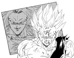 2boys blood blood_on_face broly_(dragon_ball_z) clenched_teeth dragon_ball dragonball_z fenyon halftone highres male_focus medium_hair monochrome multiple_boys muscular muscular_male shirt simple_background son_gohan spiked_hair super_saiyan super_saiyan_2 teeth torn_clothes torn_shirt twitter_username upper_body white_background 