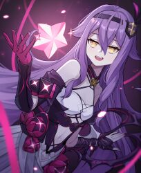  1girl absurdres bandaged_arm bandages black_hairband fang gloves hair_ornament hairband highres honkai_(series) honkai_impact_3rd long_hair looking_at_viewer navel open_mouth orange_eyes purple_hair red_gloves sirin solo teeth upper_teeth_only very_long_hair ziu 
