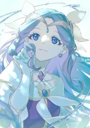  1girl :3 blue_eyes bow brooch circlet closed_mouth collarbone criss-cross_straps cure_earth dot_nose dress earrings eyelashes floating_hair frills fuurin_asumi gloves gold_circlet hair_bow hair_ornament happy healin&#039;_good_precure highres holding holding_own_hair jewelry light_particles long_hair magical_girl neckerchief precure purple_dress purple_hair shipu_(gassyumaron) short_sleeves smile solo sphere_earrings tareme upper_body upturned_eyes very_long_hair water wavy_hair white_background white_bow white_gloves white_neckerchief white_sleeves wing_hair_ornament 