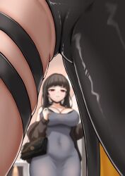  2girls bag black_bag black_bra black_hair blurry bra bra_peek breasts cameltoe collarbone commentary_request covered_navel d_(killer_wife)_(nikke) d_(nikke) depth_of_field dongtan_dress dress goddess_of_victory:_nikke grey_dress handbag highres impossible_clothes impossible_dress k_(nikke) large_breasts legs_apart long_hair mask mask_pull meme_attire mouth_mask multiple_girls nishinokyo off_shoulder official_alternate_costume parted_lips pencil_dress red_eyes single_leg_bodysuit thigh_strap underwear view_between_legs 