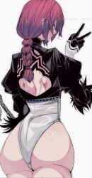  1girl 2b_(nier:automata) 2b_(nier:automata)_(cosplay) ass back_cutout braid braided_ponytail chainsaw_man clothing_cutout cosplay highleg highleg_leotard highres huge_ass kinakomochi_(user_vedc2333) leotard looking_at_viewer looking_back makima_(chainsaw_man) nier:automata nier_(series) red_hair solo thong_leotard wide_hips  rating:Sensitive score:20 user:Narukovore