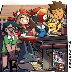  1girl 3boys ^_^ absurdres age_difference aqua_hair artist_name ash_ketchum bandana black-framed_eyewear blue_gloves brown_hair brown_shorts chopsticks closed_eyes eating food gen_1_pokemon gen_4_pokemon gloves green_shirt grin highres holding holding_chopsticks jacket max_(pokemon) may_(pokemon) multiple_boys munchlax nintendo noodles onigiri otakuman pikachu pokemon pokemon_(anime) pokemon_(creature) pokemon_rse_(anime) ramen red_bandana red_jacket shirt short_hair short_sleeves shorts sitting slowbro smile steven_stone twintails white_gloves 