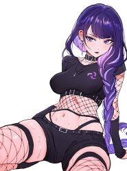  1girl arm_warmers black_arm_warmers black_lips black_panties black_shirt black_shorts blunt_bangs braid braided_ponytail breasts collar covered_erect_nipples cropped_shirt cross cross_earrings cross_necklace ear_piercing earrings fishnet_sleeves fishnet_thighhighs fishnet_top fishnets genshin_impact hair_over_shoulder highleg highleg_panties highres jewelry long_braid looking_at_viewer midriff navel necklace panties piercing punk purple_eyes purple_hair purple_lips qiandaiyiyu raiden_shogun shirt short_shorts shorts single_earring skindentation solo stomach thighhighs underwear 