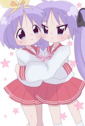  2girls black_bow blue_eyes blush bow highres hiiragi_kagami hiiragi_tsukasa hug long_hair looking_at_viewer lucky_star multiple_girls neckerchief pink_neckerchief pink_star pleated_skirt purple_hair red_sailor_collar red_skirt ribbon ryouou_school_uniform sailor_collar school_uniform short_hair siblings sisters skirt smile socks tareme tsurime twins twintails white_background white_socks yellow_ribbon yo_ikaaaaa 