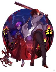 1boy 1girl absurdres bad_id bad_pixiv_id baseball_bat belt black_pants blue_hair brown_footwear brown_hair collared_shirt embers fire fire floating_hair full_body full_moon furude_rika gohei gradient_hair hakama hakama_pants hakama_skirt haraegushi highres higurashi_no_naku_koro_ni hiiragi_fuyuki hoe holding holding_baseball_bat japanese_clothes long_hair looking_at_viewer maebara_keiichi midriff_peek miko moon multicolored_hair night night_sky oonusa open_mouth pants purple_eyes purple_hair red_hakama round_image sandals school_uniform shirt shoes short_hair short_sleeves signature skirt sky stairs standing torii white_shirt wide_sleeves 