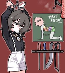  1girl absurdres arms_up bdsm black_eyes black_hair bound broken broken_chain chain chained chart compass cuffs handcuffs highres implied_cannibalism no.3_(shoeguy) original red_background restrained shackles shoeguy shorts simple_background solo 