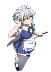  1girl apron black_shoes blue_dress blue_eyes braid closed_mouth dress expressionless full_body gyouza_(mhea5724) hair_between_eyes hair_ribbon highres holding holding_knife izayoi_sakuya knife looking_at_viewer maid maid_apron maid_headdress medium_hair ribbon shoes short_sleeves socks solo standing touhou twin_braids white_background white_hair white_sleeves white_socks wrist_cuffs 