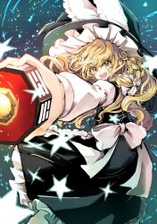  1girl apron black_dress black_hat blonde_hair blue_background bow comet commentary_request dress feet_out_of_frame firing floating_clothes floating_hair frilled_dress frilled_hat frills from_behind glint gradient_background green_background hair_between_eyes hat hat_bow highres holding holding_weapon i_ching kirisame_marisa long_dress long_hair long_sleeves looking_to_the_side lotus_eaters messy_hair mini-hakkero mizumoto_tadashi night night_sky open_mouth outstretched_arm puffy_long_sleeves puffy_sleeves shirt sky sleeveless sleeveless_dress solo star_(sky) star_(symbol) teeth touhou upper_teeth_only weapon white_bow white_shirt witch_hat yellow_eyes 