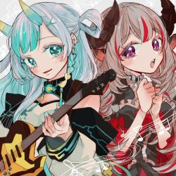  2girls animal_ears aqua_eyes aqua_hair aqua_nails braid chikafuji_lisa chromashift colored_eyelashes eva_ananova grey_hair guitar hair_ornament highres holding holding_guitar holding_instrument horns instrument ketuusage2 long_hair multicolored_hair multiple_girls musical_staff open_mouth own_hands_together purple_eyes red_hair sheep_ears sheep_girl sheep_horns smile streaked_hair virtual_youtuber vyvid x_hair_ornament 