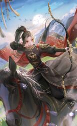  1girl armor arrow_(projectile) artist_request baggy_pants black_hair black_hanfu black_pants blue_sky bow_(weapon) cape chinese_clothes closed_mouth dawn drawing_bow dutch_angle expressionless feet_out_of_frame floating_cape flock furrowed_brow game_cg hair_ribbon hanfu high_ponytail highres holding holding_arrow holding_bow_(weapon) holding_weapon horseback_riding invincible_bow_(shining_nikki) light_particles long_hair long_sleeves looking_to_the_side mingzhao_(shining_nikki) mountainous_horizon nikki_(series) official_art orange_eyes outdoors pants pauldrons ponytail puffy_long_sleeves puffy_sleeves red_cape red_ribbon reins ribbon riding saddle shining_nikki shoulder_armor simple_bird sky smoke solo sun tassel weapon 
