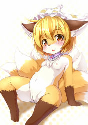  1girl aged_down animal_ears animal_hands barefoot blonde_hair blush breasts fang feet female_focus fox fox_ears fox_tail furrification furry furry_female jewelry kagerofu kitsune loli looking_at_viewer multiple_tails navel nipples nude open_mouth orange_eyes polka_dot polka_dot_background pussy sitting small_breasts solo spread_legs tail toes touhou uncensored yakumo_ran  rating:Explicit score:206 user:Mast3r_Ch33f