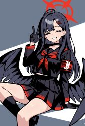  1girl :d ^_^ absurdres ahoge arm_at_side armband black_choker black_gloves black_hair black_sailor_collar black_serafuku black_shirt black_skirt black_socks black_wings blue_archive blunt_bangs chinese_commentary choker closed_eyes commentary ding36 facing_viewer feathered_wings foot_out_of_frame gloves grey_background grin hair_behind_ear hair_ornament hairclip halo hand_up happy highres ichika_(blue_archive) kneehighs long_hair long_sleeves low_wings midriff_peek miniskirt neckerchief open_mouth parallel_hairclips pleated_skirt red_armband red_halo red_neckerchief sailor_collar school_uniform serafuku shirt sidelocks simple_background single_hair_intake sitting skirt smile socks solo straight_hair two-tone_background w white_background wings 