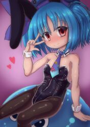  1girl bare_shoulders black_pantyhose blue_hair blue_hat blue_necktie blush breasts emil_chronicle_online hair_ornament hat highres leotard loli looking_at_viewer monster_girl necktie pantyhose playboy_bunny purple_ribbon pururu_alma rabbit_hair_ornament red_eyes ribbon riding rna0 slime_(creature) slime_girl small_breasts sweatdrop twintails 