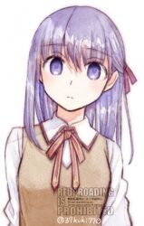  1girl 37kuki770 blush brown_vest fate/stay_night fate_(series) hair_ribbon heaven&#039;s_feel homurabara_academy_school_uniform long_hair looking_at_viewer lowres matou_sakura neck_ribbon purple_eyes purple_hair red_ribbon ribbon school_uniform shirt solo staring vest white_background white_shirt 