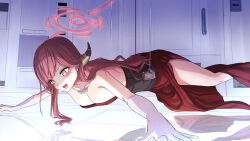  1girl absurdres aru_(blue_archive) aru_(dress)_(blue_archive) blue_archive breasts cleavage collarbone demon_horns dress gloves halo highres horns jewelry large_breasts long_hair mission:_impossible necklace official_alternate_costume open_mouth pink_hair pink_halo red_dress shitsugaikotsu side_slit solo white_gloves yellow_eyes 